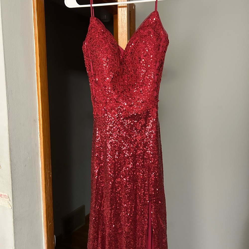 Red Sequin Ruched Prom Gown